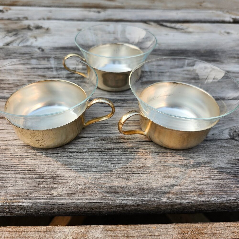 Set of 3 tea coffee glasses aluminum chrome colored Glass 60s 70s